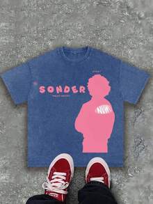(230g Pure Cotton) Men's Retro Pink Text "SONDER" Figure Thinking Pattern Printed T-Shirt, Retro Style, Breathable Fabric,  Y2K Style - 寶藍色 - 查看 2