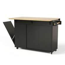 Mobile Kitchen Island With Folding Countertop, Cart, Storage Cabinet, Trash Can Drawer, Shelf Above - Black - View 5
