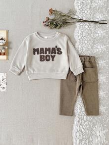 2Pcs/Set Baby Boy Towel Embroidered Round Neck Sweatshirt & Casual Long Pants Set, Spring/Autumn Baby Boy Clothing - Apricot - View 6