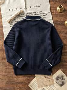 Boys Collared Knit Polo Shirt, Contrast White Trim Long Sleeve Ribbed Knit Pullover, Preppy Casual Top - Navy Blue - View 4