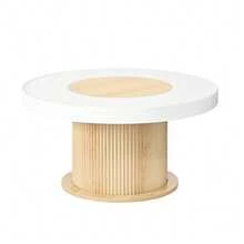 Round Coffee Table With Grooved Cylindrical Base, Table With Two-Tone White And Wood Color Tabletop Made Of MDF And PVC, Living Room Table, Compact Side Table For Small Apartments. - Natural Wood + White - View 6