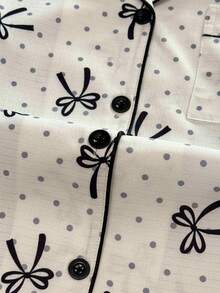 Women's Small Butterfly Polka Dot Print Front Button Pajama Set, Contrast Trim Lapel Long Sleeve Long Pants Loungewear 2 Pieces Set - Multicolor - View 7