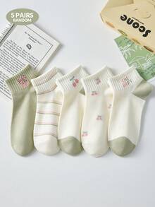 5雙女款可愛透氣櫻桃蝴蝶結條紋短款隱形船襪，適合日常休閒穿著，適用於春季、夏季及四季 - 彩色 - 查看 6