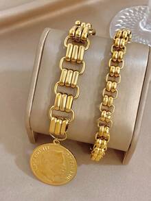 Vintage Portrait Pendant Chain Bracelet Set, Women's Stainless Steel Chunky Chain Bracelet, Party Birthday Halloween Christmas Jewelry Gift - Multicolor - View 1