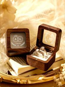 Personalized Wedding Ring Box, Personalized Wooden Ring Box, Wooden Double Ring Box, Customized Ring Box, Ring Storage Box, Personalized Wedding Ceremony Ring Box, Suitable For Proposal, Engagement, Wedding, Anniversary Gifts - Multicolor - View 3