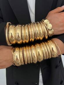 Random 13pcs/9pcs/4pcs/1pc Vintage Elegant Exaggerated Bohemian Style Women's Metal Iron Plate Bracelets, Suitable For Daily Casual, Party And Summer Vacation Travel Wear, Gift - Gold - View 1