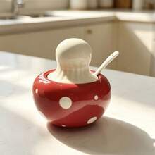 2pcs Cute Polka Dot Mushroom Ceramic Seasoning Jar Set With Lids And Spoons, Airtight Spice Storage Containers With Bamboo Tray, Dust-Proof Condiment Holder For Kitchen Countertop Cooking, Adorable Kitchen Gadget Gift For Home Cooks - View 12