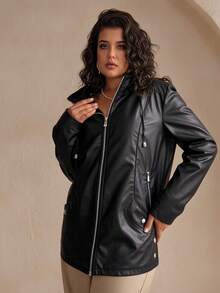 Plus Size Women's Hooded Pocket Jacket, Loose Fit, Suitable For Outdoor Activities - Black - View 3