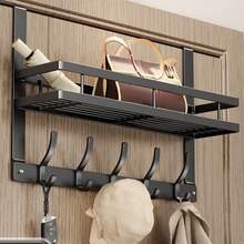 1pc Easy-To-Install Door Storage Rack With Tray, Multi-Functional Metal Hooks, Door Hooks, No-Drill, Wall-Mounted, Bedroom Clothes Rack, Entrance Door Rack, Door-Back Storage Rack, Suitable For Bedroom, Bathroom, And Kitchen Organization - Multicolor - View 11