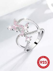 1pc 925 Sterling Silver Cubic Zirconia Butterfly Multi-Layer Wide Ring, Suitable For Women's Summer Casual Vacation Wear, Also Can Be Given As Holiday And Birthday Gift. - Silver - View 3