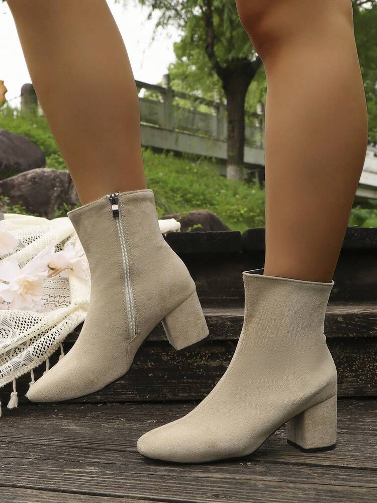 Solid Color Chunky Heel Ankle Boots With Zipper, Leg-Hugging Fit, New Fashion Women's Ankle Boots - Khaki - View 3