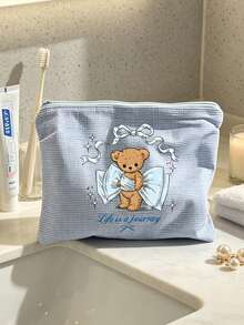 Bolsa de Maquiagem Portátil, Estampa de Laço de Urso, Bolsa de Maquiagem de Tecido Waffle, Bolsa de Armazenamento de Maquiagem de Viagem com Estampa Fofa, Bolsa de Armazenamento de Lona Xadrez Simples, Bolsa de Armazenamento de Cosméticos, Bolsa de Armazenamento de Tecido Multifuncional, Estojo de Lápis de Papelaria Feminino, Adequado para Deslocamento, Viagem, Presente e Uso Diário, Presente Único para o Dia do Professor, Presente de Volta às Aulas, Presente de Aniversário, Presente para Professor, Presente de Festa - Multicolorido - Visão 2