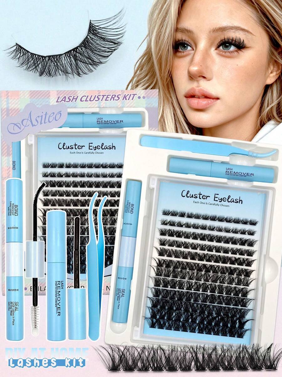 مجموعة رموش صناعية Asiteo 144 قطعة بتصميم D Curl Cat Eye، خصلات فردية بسعة كبيرة وأطوال مختلطة 8-18 مم، بمظهر طبيعي منفوش وخفيف الوزن، تشمل أدوات مكياج وغراء وسائل إغلاق ومزيل رموش وملقط رموش، مناسبة للاستخدام المنزلي - متعدد الألوان - مشاهدة 1
