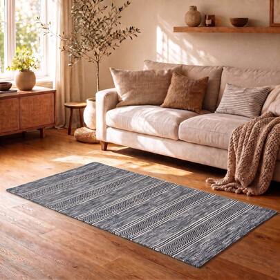 KIWI MOBLEKIT | Cotton Rug 80x140 Cm Black With Geometric Design, Living Room And Bedroom Rug, Soft 100% Cotton Fabric, OEKO-TEX Standard 100 Certified, Nordic Style