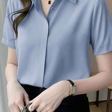 Camisa de seda de manga corta con diseño, elegante y madura estilo de Hong Kong, satén para verano y primavera - Azul lavado medio - Ver 4