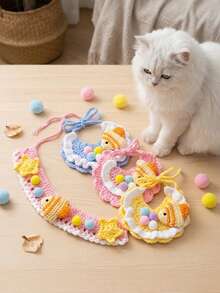 Cute Crochet Cat Bib, Tropical Fish Pattern, Handmade Pet Scarf, Suitable For Dogs And Cats, Soft Knitted Collar, With Pom Pom, Fun Pet Photo Prop, Birthday Party Gift - Multicolor - View 3