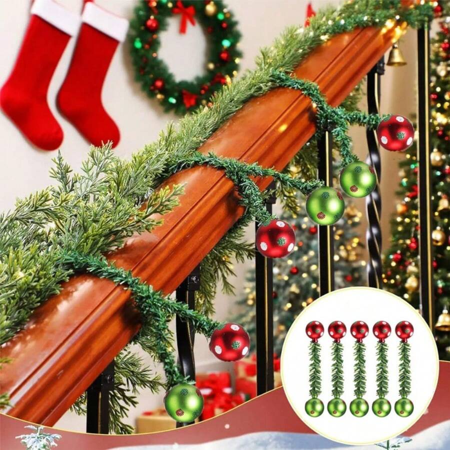 5pcs Christmas Painted Balls, Pine Pattern Decorative Ribbon, Electroplated Decorative Balls, Matte & Glossy Wavy Balls, 15CM Christmas Party Supplies - Multicolor - View 1