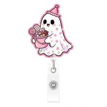 1pc Pink Halloween Ghost Glitter Acrylic Rotating Crocodile Clip Retractable Badge Holder For Nurses - A - View 12