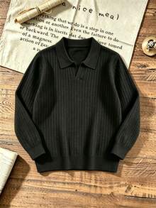 Tween Boys Ribbed Polo Neck Knit Sweater, Solid Long Sleeve Casual Pullover - Black - View 3
