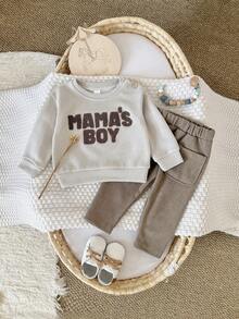 2Pcs/Set Baby Boy Towel Embroidered Round Neck Sweatshirt & Casual Long Pants Set, Spring/Autumn Baby Boy Clothing - Apricot - View 8