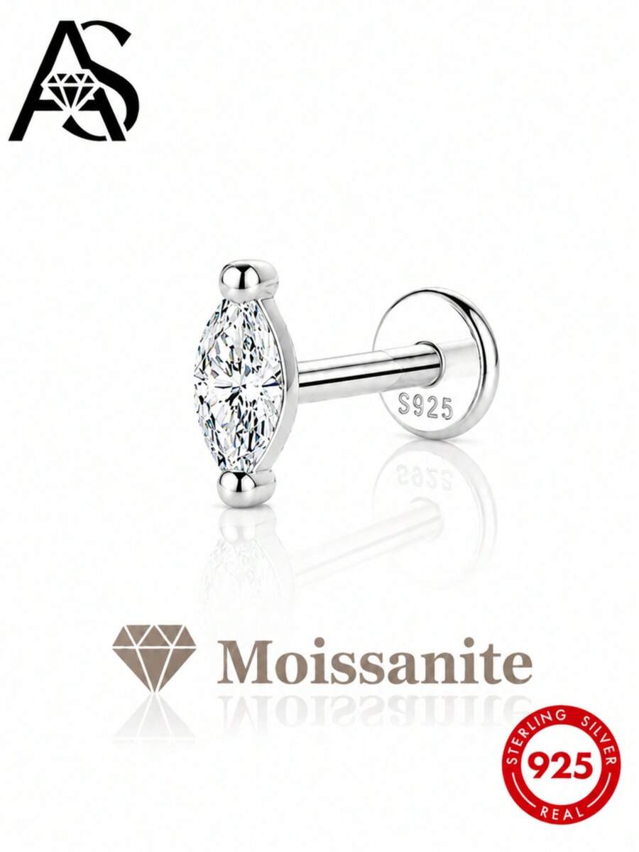 AnlaScheer 1 pièce Clou de piercing de cartilage en argent sterling 925 avec moissanite, forme marquise, dos plat et filetage en spirale, bijoux de fiançailles, de mariage et de mariée pour femmes - Argent - Voir 1