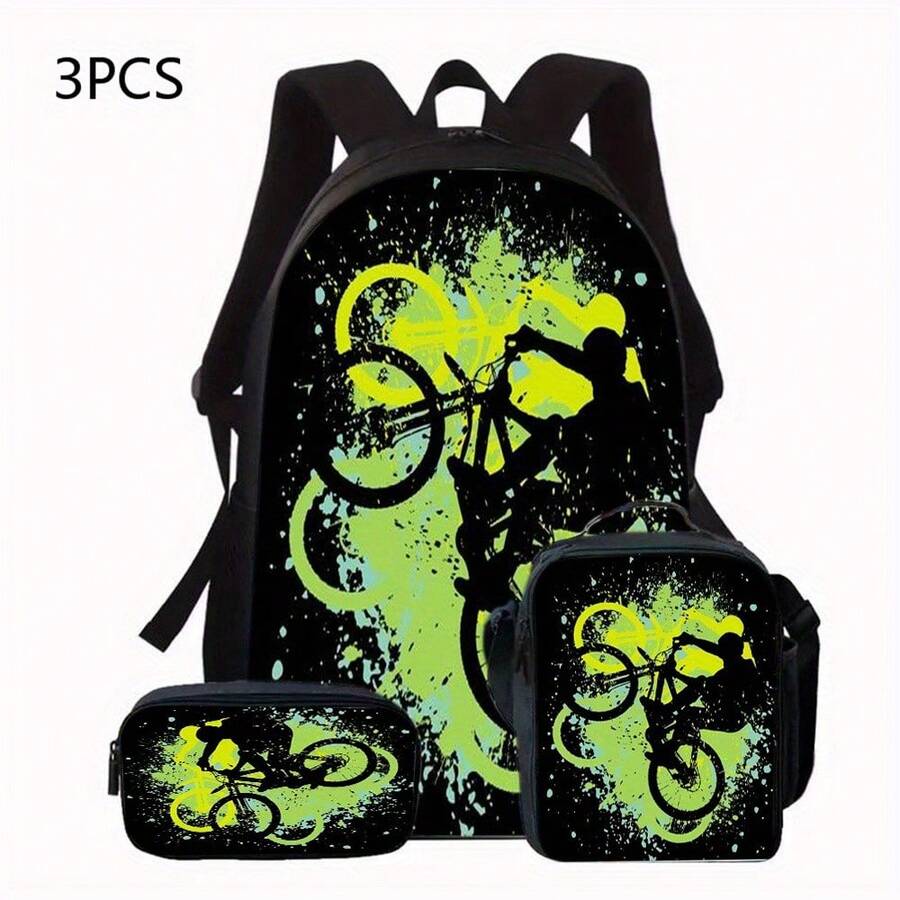 Set di zaini a tema bicicletta composto da tre pezzi: 1 borsa a tracolla, 1 borsa a spalla e 1 astuccio, adatto per la scuola o i viaggi, un regalo ideale per il ritorno a scuola. - Set da 3 pezzi - Visualizzare 1