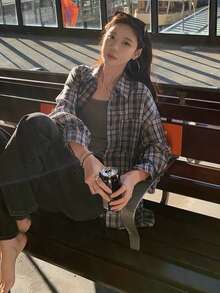 秋季新款休閒綠色格紋蝴蝶結襯衫女款設計翻領長袖上衣外套 - 綠色 - 查看 3