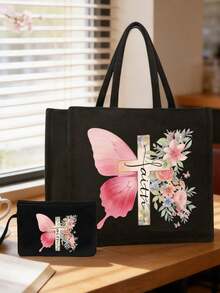 Bolsa de mano con tema cristiano y bolsa pequeña con cruz, mariposa rosa y patrón de letras florales coloridas, regalo ideal para seres queridos y maestros. Bolsa de mano de lino de gran capacidad para mujer con diseño innovador, espaciosa, portátil y casual, perfecta para ir de compras. Bolsa de mano portátil multifuncional para maestras, excelente opción de regalo para mujeres. Regalo del Día del Maestro, Día del Padre, regalo de cumpleaños, regalo de vuelta a la escuela, - Multicolor - Ver 4