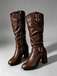 Women's Brown Round Toe Chunky High Heel Fashion Tall Boots, Solid Color Western Style With Buckle, Suitable For Vacation, Office, Autumn/Winter - Rust Brown - View 5