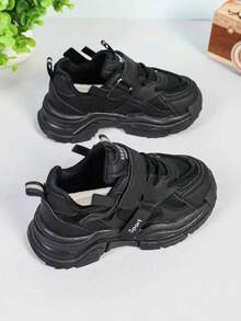 All Mesh Chunky Sneakers, Breathable Lightweight Hook And Loop Thick Sole Versatile Campus Sports Running Shoes For Boys And Girls - Black - View 7