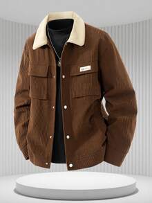Coffee Vertical Striped Workwear Jacket, Relaxed Minimalist Style, Fur Collar Double Pocket Jacket, Loose Outerwear For Daily Outings For Men And Women - Coffee Brown - View 10