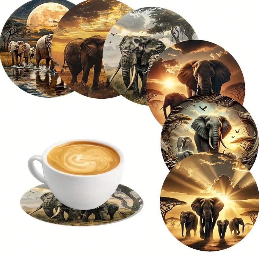 1 Set African Savanna Elephant Design Non-Slip Wooden Coasters, Home Kitchen Decor Accessories, Cute And Affordable Small Items, Outdoor Garden Supplies, Suitable For Various Holiday Gatherings, Wedding Accessories, Thanksgiving, Back To School Season Decorative Gifts - Multicolor C - View 1