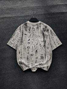 Fractyr Men's Vintage Washed Egyptian Hieroglyphs All Over Print Crew Neck T-Shirt, Distressed Ancient Symbol Oversized Streetwear Short Sleeve Tee - White - View 5