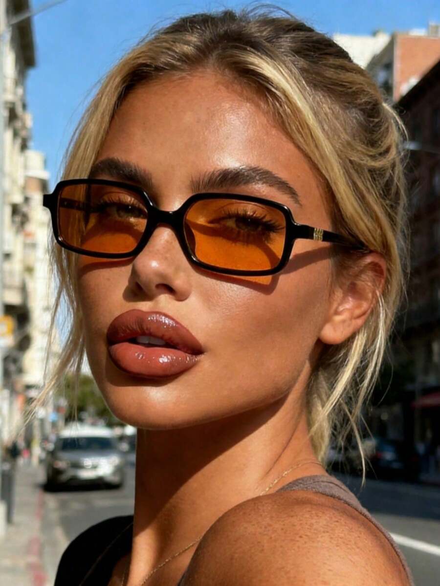 A Pair Of Compact Rectangular Frame Fashion Glasses, Suitable For Vacation, Travel, Sports, Driving, Festivals, Beach, Music Festivals, Outings, Summer Accessories, Holidays, Family Trips, Elegant Outfits, Street Style Accessories, Sports, Parties, Outdoor Activities, Street Looks, Fishing, Summer Beach Vacation, Outdoor, Travel, Back To School Season College Style. Rectangular Frame - Orange - View 1
