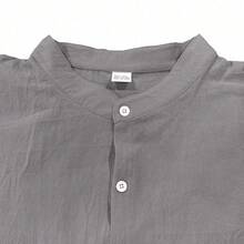 Men's Grey Linen Blend Shirt, Chinese Collar, Front Button Closure, Chest Pocket, Casual Long Sleeve, Summer Beach Top - Grey - View 7