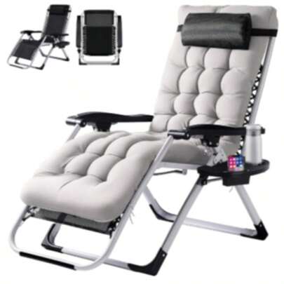 Zero Gravity Chair, Folding Reclining Patio Lounge Chair With Cup Holder Side Tray & Removable Cushion, 440lbs Heavy Duty Metal Frame Adjustable Recliner For Camping, Beach, Pool, Lawn & Indoor Use