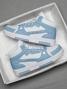 Men's Fashion Letter Pattern Colorblock Lace-Up High-Top Casual Sneakers, Personalized Comfortable Versatile Outdoor Daily Commute Flat Sports Shoes - White and Blue - View 2