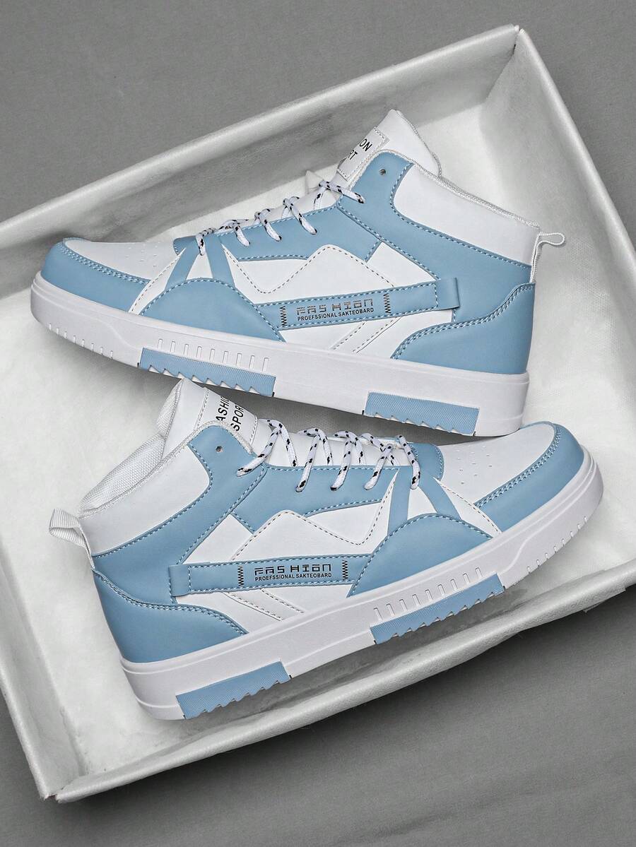 Sepatu Sneakers Kasual Pria Model High-Top dengan Motif Huruf dan Blok Warna, Sepatu Olahraga Datar yang Nyaman, Serbaguna, dan Cocok untuk Aktivitas Luar Ruangan Sehari-hari.