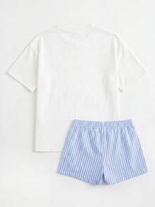 2pcs/Set Girls' Fresh Korean Style Bow Print Casual Outfit, Beige Top With Blue & White Vertical Striped Shorts, Gentle Girl Style Daily Streetwear Comfortable Breathable Versatile 2-Piece Set - White - View 3