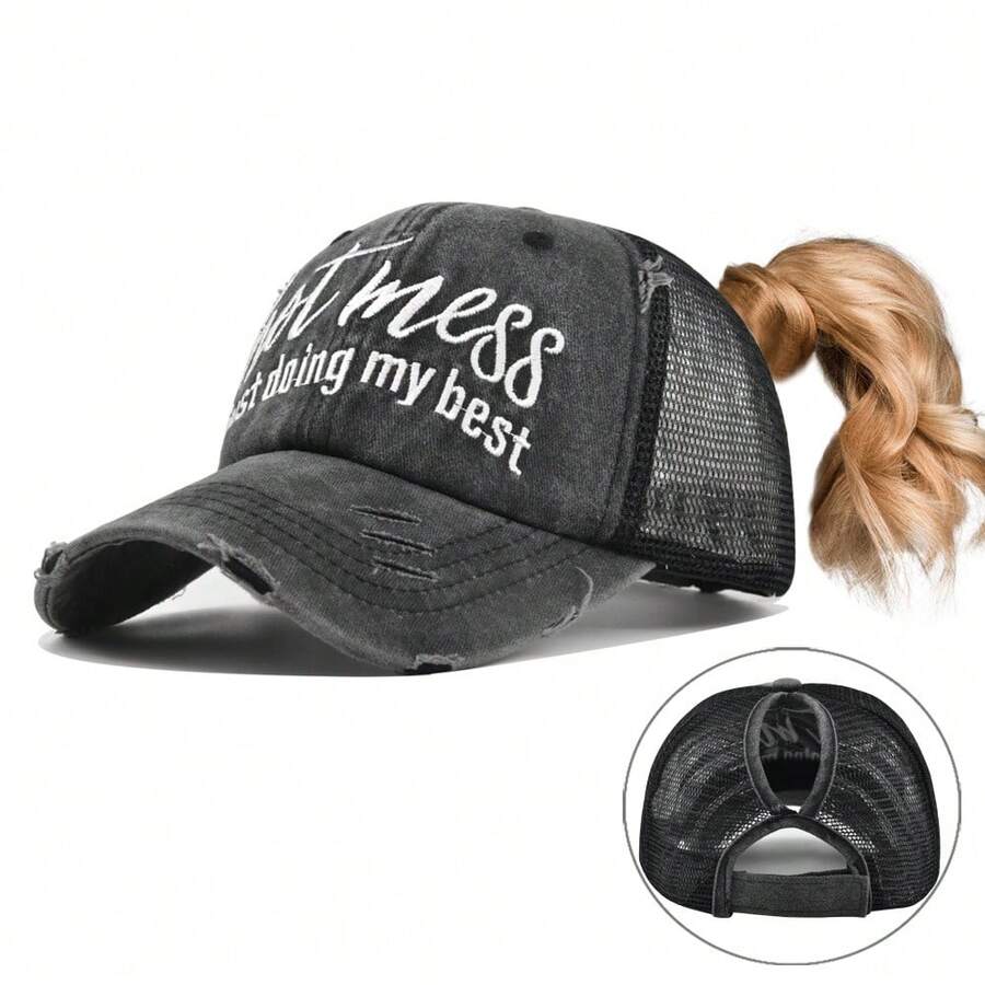1pc New Ponytail Baseball Cap Embroidered European & American Open Top Distressed Baseball Cap Versatile Sun Hat - Multicolor - View 1