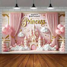 1pc Charming Pink Princess Castle Birthday Party Backdrop Banner, Suitable As A Photo Background Or Cake Table Decoration, For Birthdays, Parties, Celebrations, And Indoor Or Outdoor Garden Party Decorations - Multicolor - View 5