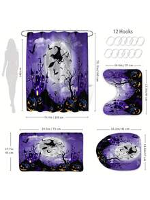1/4pcs Halloween Flying Witch Horror Castle Shower Curtain Set, With 12 Hooks Waterproof Polyester Bath Curtain, Bathroom Curtain, Privacy, Thickened, Durable Quick Dry, 180*180cm Size - A - View 5