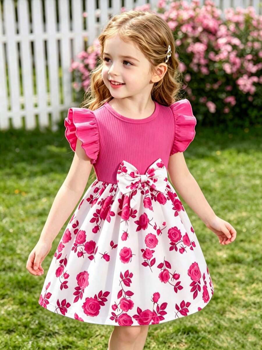 Girls' Summer Ruffled Sleeve Bow-Tie Rose Print Sweet Casual Vacation Dress - Pink - View 1