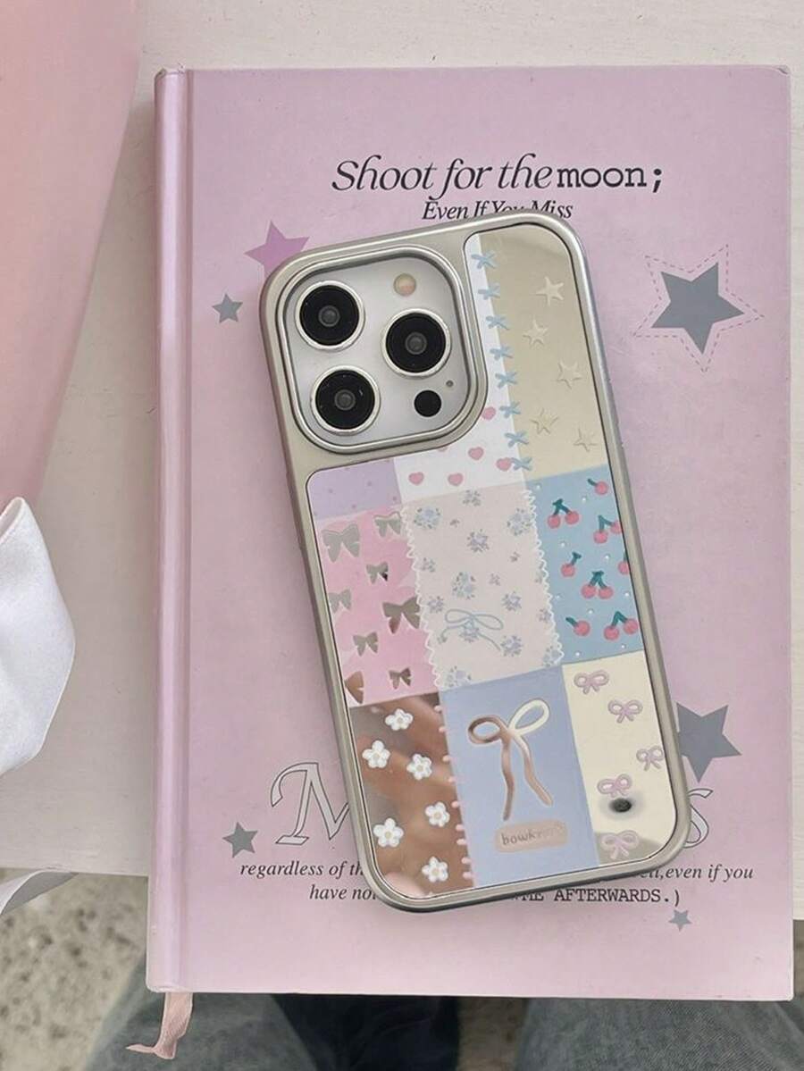 1pc Korean Style Patchwork Floral Bow Mirror Electroplated Premium Phone Case Compatible With IPhone 17 Pro Max/17 Pro/17/16 Pro/16/16 Pro Max/15 Pro Max/14 Pro Max/14 Pro/14/13 Pro Max/13 Pro/13/12 Pro Max/12 Pro/12/11 Pro Max/11 Pro/11 Shockproof IMD Printed Fashion Girly Design Perfect Gift For Girlfriend Best Friend Birthday Anniversary Couple Unique Non-Duplicate - Multicolor - View 1