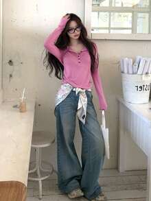Half-Open Collar Solid Color Button Long Sleeve T-Shirt Early Autumn Design Women's Top - Hot Pink - View 8