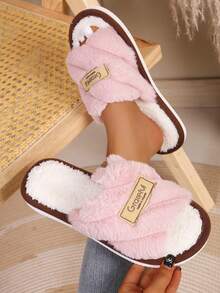 Classic Bold Striped Slip-On Open Toe Fuzzy Plush Slippers For Women, Indoor House Shoes, Autumn/Winter Fashion - Pink - View 2
