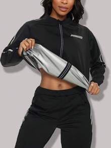 Jaket Sauna Wanita untuk Menurunkan Berat Badan, Lengan Panjang, Saku Resleting, Setelan Keringat Sauna untuk Olahraga, Latihan di Gym, dan Olahraga Lainnya - Hitam - View 4