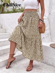 Women's Long Floral Print Skirt With Casual Elastic Waist And Ruffled Hem, A-Line Skirt For Spring And Summer Vacations - Khaki - View 7