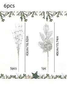6pcs/1pc Silver Christmas Tree Decoration Set, Artificial Glitter Berry Sprigs, Suitable For Christmas Tree Decoration, Gifts, Small Vases, Home Holiday, Wedding Party Decor; Christmas Decoration, Artificial Glitter Christmas Tree Decoration Sprigs, Includes 5 Artificial Glitter Berry Sprigs And 1 Glitter Berry Flower Ornament, For Christmas Tree, Gifts, New Year's Eve Decor - Silver - Silver - View 9