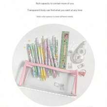 Macaron Colorful Border Transparent Pencil Case, Trapezoid Zipper Transparent Bag Design, Solid Color Minimalist No Print Design, Pink Yellow Blue White Green Fresh Macaron Color Scheme, Stationery Storage, Desktop Makeup Small Tool Sorting Function, Exam, Practice, Office Storage, Beauty Small Item Sorting, Portable Stationery Scenario Applicable, Room Decoration, Office Desk Accessory - Multiple Styles - View 5